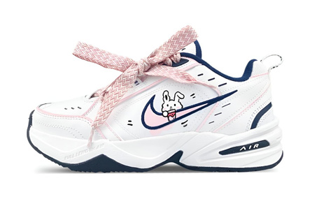 [Custom Sneakers] Nike Air Monarch 4 MAY Made Blooming Flowers Milk Tea Bunny Low-Top Chunky Sneakers Unisex White Pink