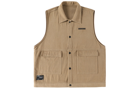 GROGNAK Letter Logo Print Multi-Pocket Workwear Cotton Loose Sleeveless Vest