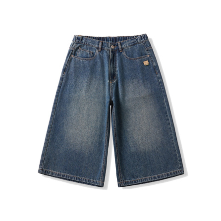SESAME STREET American Retro Washed Distressed Design Minimalist Basic Nostalgic Blue Stretch Loose Comfortable Versatile Straight-Leg Denim Capri Pants Men's