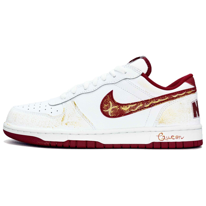 Custom Sneakers Nike Big Red Flame Leather Noble Comfortable Simple Versatile Wear-Resistant Lightweight Low-Top Skate Shoes Unisex Red Gold