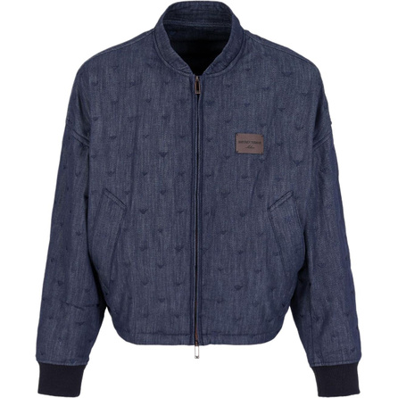 EMPORIO ARMANI Logo Patch Baseball Collar Zip-Up Long Sleeve Jacket Coat Men's Navy Blue