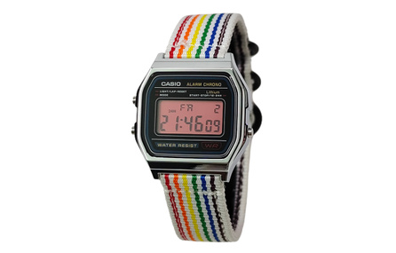 Custom Watch CASIO Modified Series Red Crystal Silver Resin Case Classic Retro Small Square Watch A158WA-1 Modified 'Oath Rainbow Realm' Quartz Movement Nylon Strap Japanese Korean Watch Unisex Black Dial