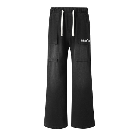 HUANQIU American Vintage Trendy Hip Hop Street Niche Personality Loose Versatile Premium Sense Workwear Deconstruction Patchwork Elastic Waist Drawstring Tie Commute Washed Straight Wide Leg Floor-Sweeping Jeans Unisex