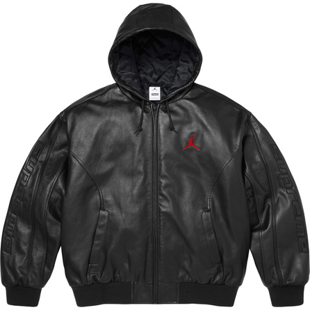Supreme Jordan Collaboration WEEK15 Hooded Leather Jacket Embroidered Jumpman 3D Print Drop Shoulder Hooded Leather Jacket Unisex