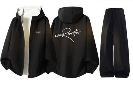 Warrior Reversible Basic Color-Block Minimalist Hooded Outdoor 3-Proof Work Jacket Loose Versatile Wide-Leg Pants Couple Casual Sport Set Unisex