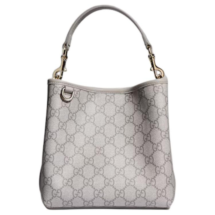 GUCCI GG Emblem Monogram Magnetic Closure Light Gold Hardware Coated Canvas Bucket Bag Handbag Small Women's Gray