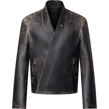 LOUIS VUITTON x Nigo Collaboration FW25 Solid Color V-Neck Pocket Long Sleeve Leather Jacket Men's