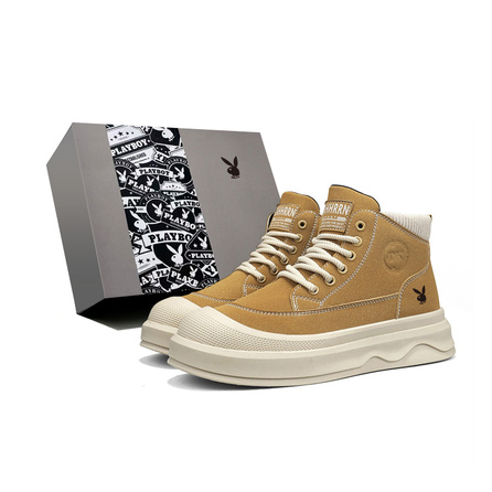 Playboy Vintage Trendy Classic British Street Workwear Maillard Outdoor Hiking Thick Sole Height-Boosting Non-Slip Mid-Top Skateboard Shoes Men's Gift Box