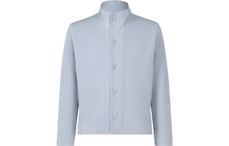 ISSEY MIYAKE Tailored Pleats Stand Collar Single-Breasted Solid Knit Fitted Long Sleeve Jacket Men's Blue