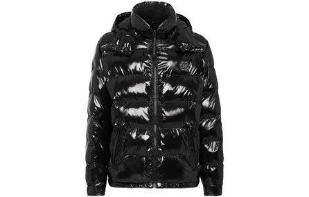 PHILIPP PLEIN SS23 Solid Shiny Zip-Up Hooded Jacket Men's Black