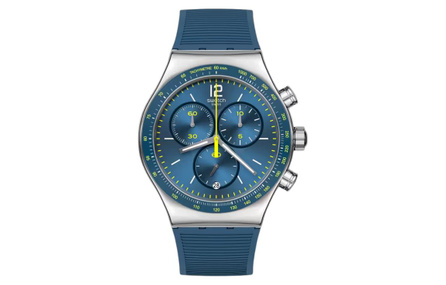 SWATCH Quartz Movement 30m Water Resistance Unisex Swiss Watch 49mm Blue Dial Stainless Steel Case Rubber Strap