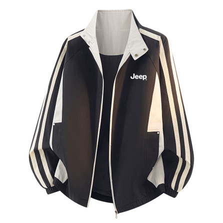 Jeep American Retro Striped Patchwork Design Letter Logo Street Lazy Casual Daily Commute Niche Stand Collar Motorcycle Style Jacket Unisex