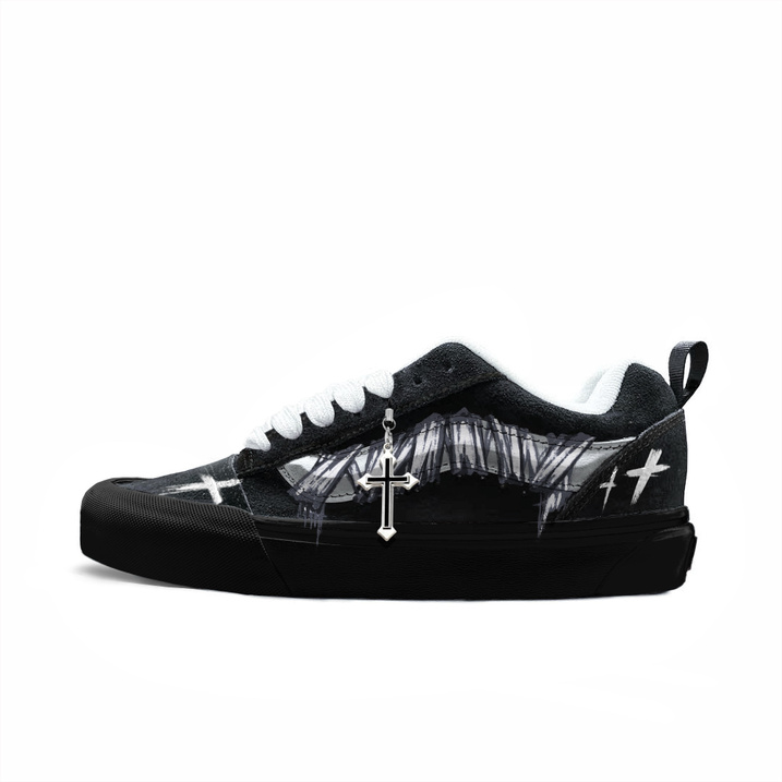 [Custom Sneakers] Vans Knu Skool Fabric Gray Cross Graffiti Art Fashion Pendant Visual Texture Outfit Highlight Wear-Resistant Low-Top Skate Shoes Unisex Gray