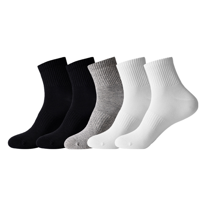 MIIOW Basic Versatile Series Casual Home Light Sport 7A Antibacterial Breathable Moisture-Wicking Anti-Slip Simple Black White Gray Three-Color Pure Cotton Mid-Calf Socks Men's 5-Pack