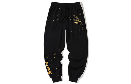 LAMLICKA Starry Sky Panda Foil Print Loose Cuffed Knit Sports Pants Unisex Black