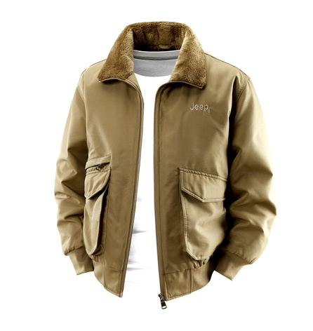 Jeep Wrangler Lifestyle American Embroidery Retro Mountain Outdoor Hiking Sports Lamb Wool Collar Waterproof Windproof Solid Color Jacket Washed Pilot Jacket Workwear Thickened Fleece-Lined Cold Protection Padded Jacket Unisex