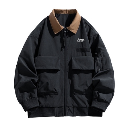 Jeep American High Street Vintage Patchwork Colorblock Lapel Loose Casual Outdoor Commute Workwear Bomber Big Pocket Windproof Water-Repellent Jacket Unisex