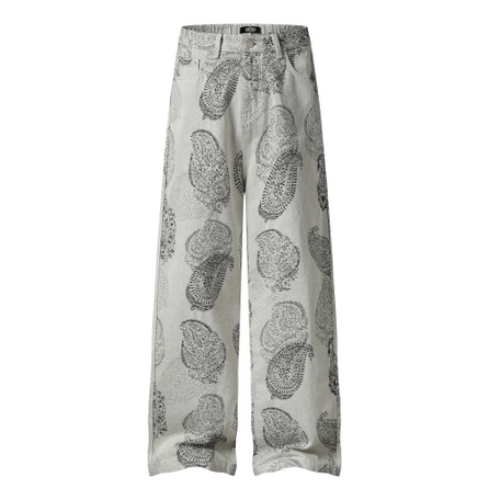 SESAME STREET American Vintage High Street Cashew Print Design Loose Comfortable Mid-Rise Drape Height-Enhancing Slimming Wide Leg Pants Streetwear Daily Commute Fashion Trendy Cleanfit Style Versatile Jeans Men's