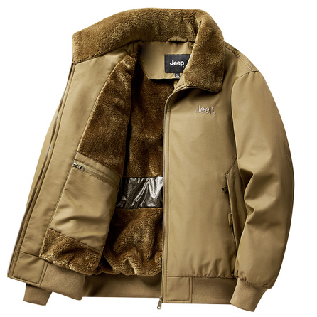 Jeep Wrangler Embroidery Design American Retro Mountain Style Lamb Wool Collar Solid Washed Pilot Jacket Workwear Padded Fleece-Lined Winter Coat Unisex