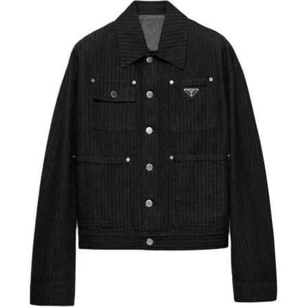 PRADA Herringbone Logo Single-Breasted Long Sleeve Denim Jacket Men's Black