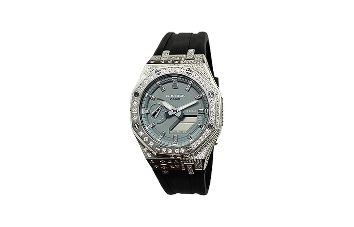 Custom Watch CASIO Mod Series 'Farmer Oak' Diamond-Set Silver Stainless Steel Case 200M Water Resistant GA-2110ET-8A Mod - Dark Meteor Silver Eye Quartz Movement Fluoroelastomer Strap Japanese/Korean Watch Men's Watch Gray Dial
