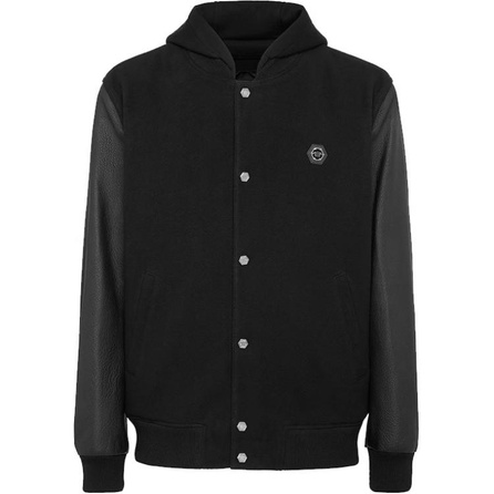 PHILIPP PLEIN Hooded Long Sleeve Pilot Patchwork Jacket Men's Black