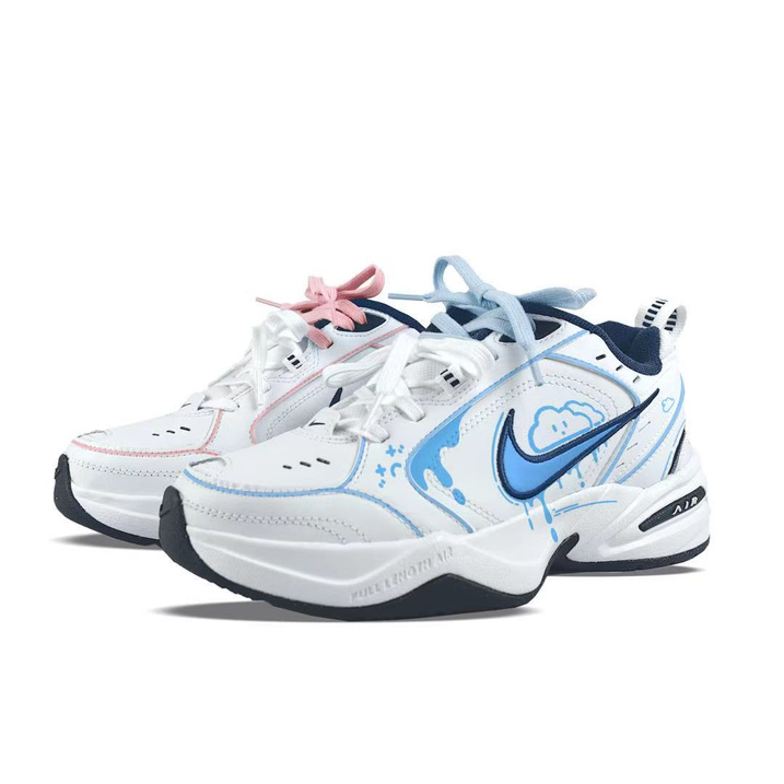 Custom Nike Air Monarch 4 'Walking on Clouds' Mismatch Couple Sneakers Sweet Indie School Style Hand-Painted Fresh Minimalist Versatile Wear-Resistant Breathable Low-Top Dad Shoes Unisex Blue Pink
