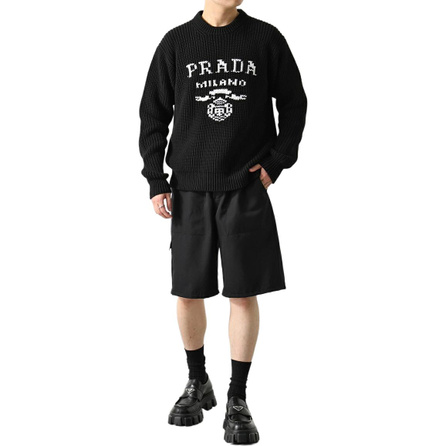 PRADA Drawstring Metal Logo Solid Color Casual Shorts Men's Black