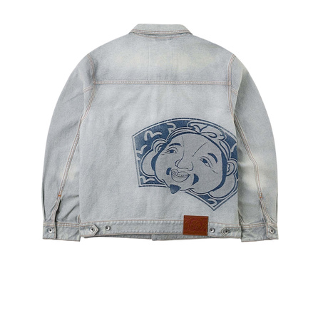 EVISU 2025 Fall Men's Denim Jacket with Buddha & Seagull Print Long Sleeve