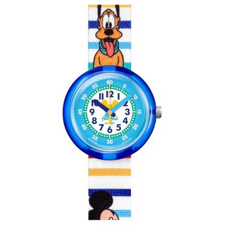 SWATCH Flik Flak Series Quartz Movement 30M Water Resistant Kids Swiss Watch 31.85mm Blue Dial Polymer Case Textile Strap