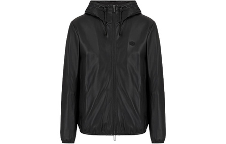 Emporio Armani FW21 Full Zip Stand Collar Solid Color Hooded Leather Jacket Men's Black