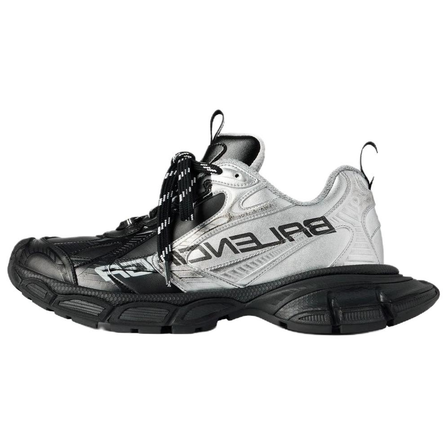 Balenciaga 3XL Cow Leather Logo Print Round Toe Lace-Up Low-Top Dad Shoes Men's Black Silver