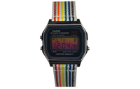Custom Watch CASIO Modified Series Gift Box Rainbow Gradient Crystal 10-Year Battery A159WA-N1D Modified - Steel Square Neon Rainbow Quartz Movement Nylon Strap Japanese Korean Watch Unisex Black Dial Стальная маленькая квадратная неоновая полосатая радуга