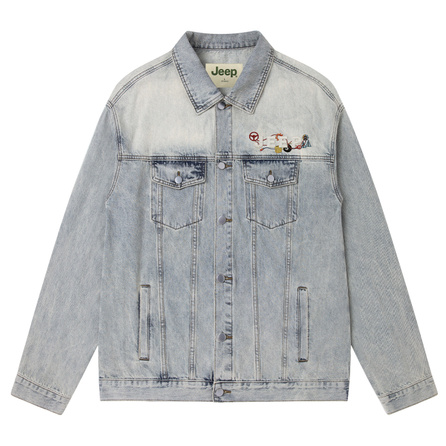 Jeep American Retro High Cotton Washed High Street Trendy Bleached Splice Design Logo Print Heat Transfer Loose Versatile Denim Jacket Unisex