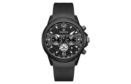 FAIRWHALE Driver Collection Three-Eye Six-Hand Multi-Function Fashion Watch Men's Quartz Movement Silicone Strap Black Dial Waterproof Luminous Chronograph FW-5530-R1