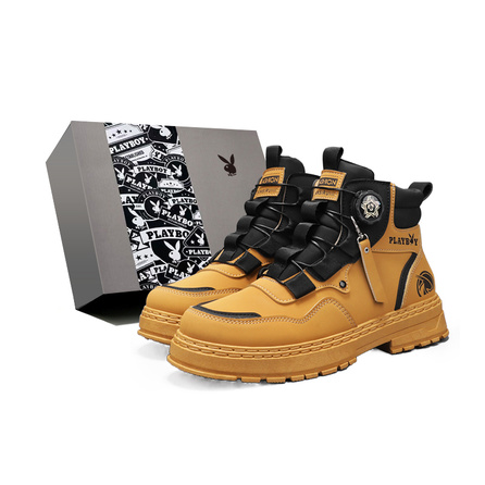 Playboy Hong Kong Retro British Workwear Motorcycle Street Casual Classic Yellow Boots Minimalist Versatile Convenient Rotary Knob Adjustment Mountain Outdoor Hiking Wear-Resistant Non-Slip Thick Sole Height-Boosting Mid-Cut Martin Boots Men's Gift Box Ed