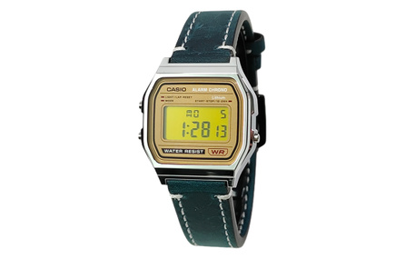 Custom Watch CASIO Modified Series Yellow Lens Silver Resin Case Classic Retro Small Square Watch A158WEA-9 Modified - Perlan Era Electronic Movement Leather Strap Japanese Korean Watch Men's Watch Gold Dial