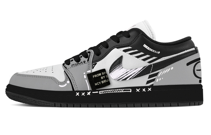 [Custom Sneakers] Jordan Air Jordan 1 Black Hole Product English Graffiti Side Logo Urban Techwear Wear-Resistant Anti-Slip Low-Top Retro Basketball Shoes Unisex Grey