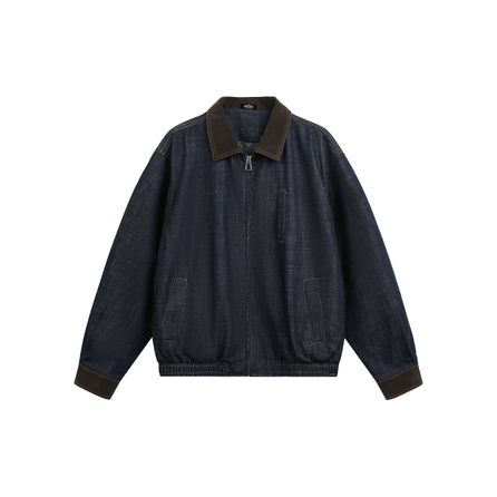 SESAME STREET American Vintage Raw Denim Texture Corduroy Contrast Color Collar Harrington Drop Shoulder Oversized Elastic Hem Relaxed Style Commute Street Vibe Denim Jacket Unisex