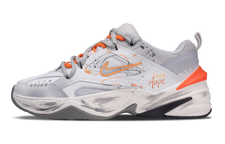 [Custom Sneakers] Nike M2K Tekno Sunset Glow Suede Trendy Graffiti Thick Sole Casual Cushioning Wear-Resistant Height-Increasing Low-Top Dad Shoes Unisex White Gray Orange