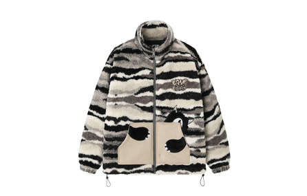 LAMLICKA Stripe Drop Shoulder Zebra Stripe Patchwork Loose Suede Pocket Fleece-Lined Thickened Stand Collar Velvet Feel Jacket Unisex Patterned