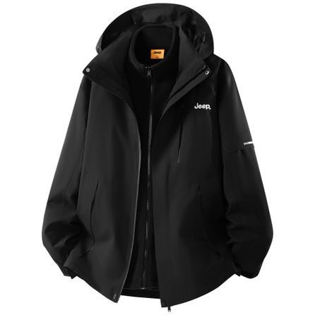 Jeep Black Knight Series Detachable Fleece Liner Commute Outdoor Jacket Windproof Waterproof 3-in-1 Color-Block Hooded Windbreaker Unisex