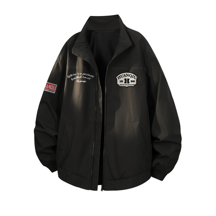 HUANQIU American Retro Fashion Simple Cleanfit Hand-Painted Embroidered-Like Letter Brand Logo Print Loose Comfortable Windproof Versatile Advanced Workwear Outer Coach Pilot Jacket Unisex