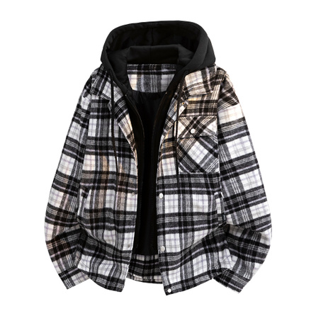 Jeep Plaid Patchwork Street Fashion Vintage Trendy Faux Two-Piece Hooded Preppy Style Versatile Outdoor High Street Commute Daily Casual Wool Plaid Loose Genderless Couple Windproof Hooded Jacket Coat Unisex