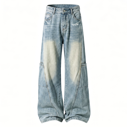 Feiyue American Retro Washed Distressed Spliced High Street Trendy Brand Cleanfit Drape Slimming Loose Versatile Slight Flare Floor-Length Casual Trousers Jeans Unisex