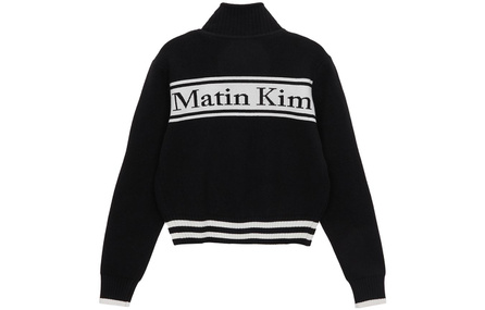 MATIN KIM Old Money Style Letter Zip Pocket Stand Collar Knitwear Unisex Black