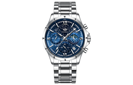FOCEWALK Starry Sky Phantom Series Versatile Cool Student Sports Men's Watch Blue Laser Quartz Movement Stainless Steel Strap Chinese Watch Men's Blue Dial Multifunctional Calendar Moon Phase Waterproof