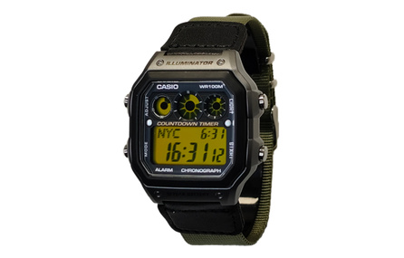 Custom Watch CASIO Modified Series Yellow Lens Silver Black Resin Case 100M Water Resistant AE-1300WH-8A Modified Quartz Movement Nylon Strap Men's Black Dial