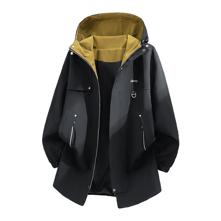 Jeep Wolf Trail Vintage Mid-Length Outdoor Sports Urban Casual Loose Color-Block Hooded Windproof Zip Cardigan Daily Commute Workwear Trench Coat Unisex