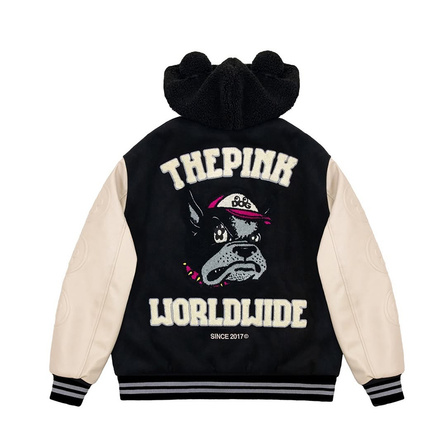 Vandy The Pink Back Animal Creative Design Single-Breasted Long Sleeve Letter Baseball Jacket Unisex Black